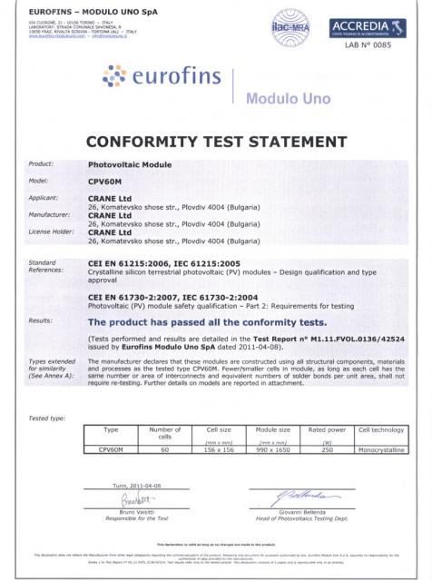 Crane conformity test statement